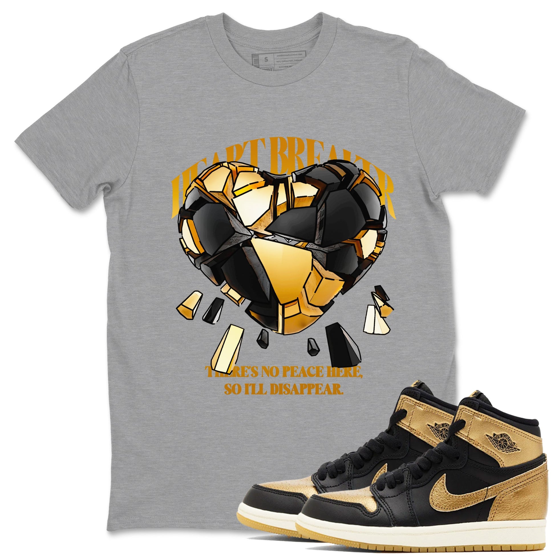 1s Black Metallic Gold shirts to match jordans Heart Breaker sneaker match tees Air Jordan 1 Black Metallic Gold SNRT Sneaker Tees streetwear brand Heather Grey 1 unisex cotton tee