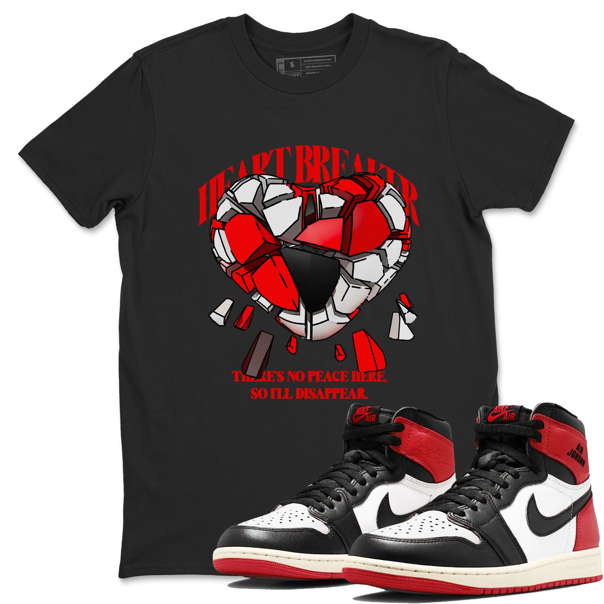 1s Black Toe Reimagined shirts to match jordans Heart Breaker best t shirts to wear with jordans AJ1 High OG Black Toe Reimagined match shoes to clothes SNRT Sneaker Tees unisex cotton Black 1 shirts