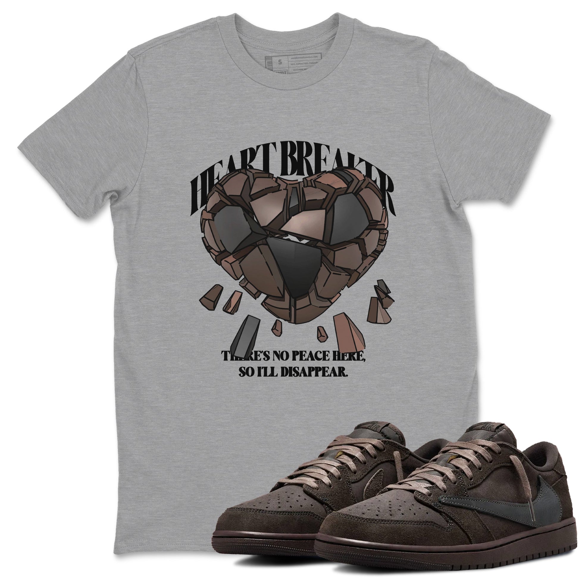 Air Jordan 1 Travis Scott Velvet Brown shirts to match jordans Heart Breaker sneaker match tees Travis Scott x Air Jordan 1 Low OG Velvet Brown best t shirts to wear with jordans SNRT Sneaker Tees unisex cotton Heather Grey 1 shirts