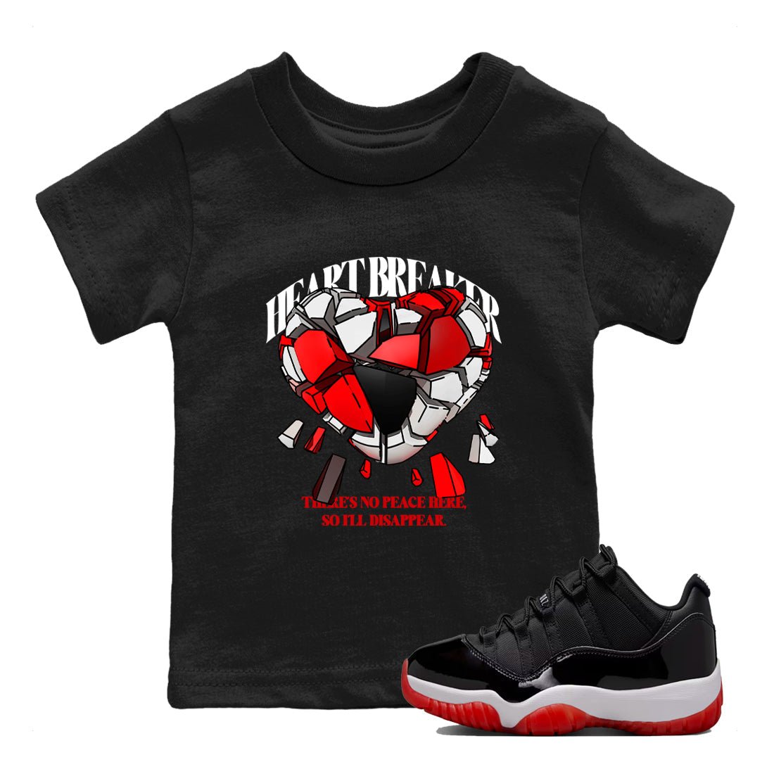 Jordan 11 Low Bred t-shirts to match jordans Heart Breaker sneaker match tees Air Jordan 11 Bred graphic tee for sneakerheads SNRT Sneaker Tees Youth Baby Black 1 tee