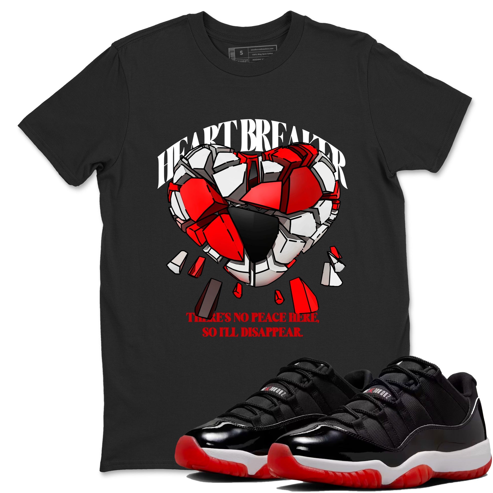 Jordan 11 Low Bred t-shirts to match jordans Heart Breaker sneaker match tees Air Jordan 11 Bred graphic tee for sneakerheads SNRT Sneaker Tees unisex cotton Black 1 shirts
