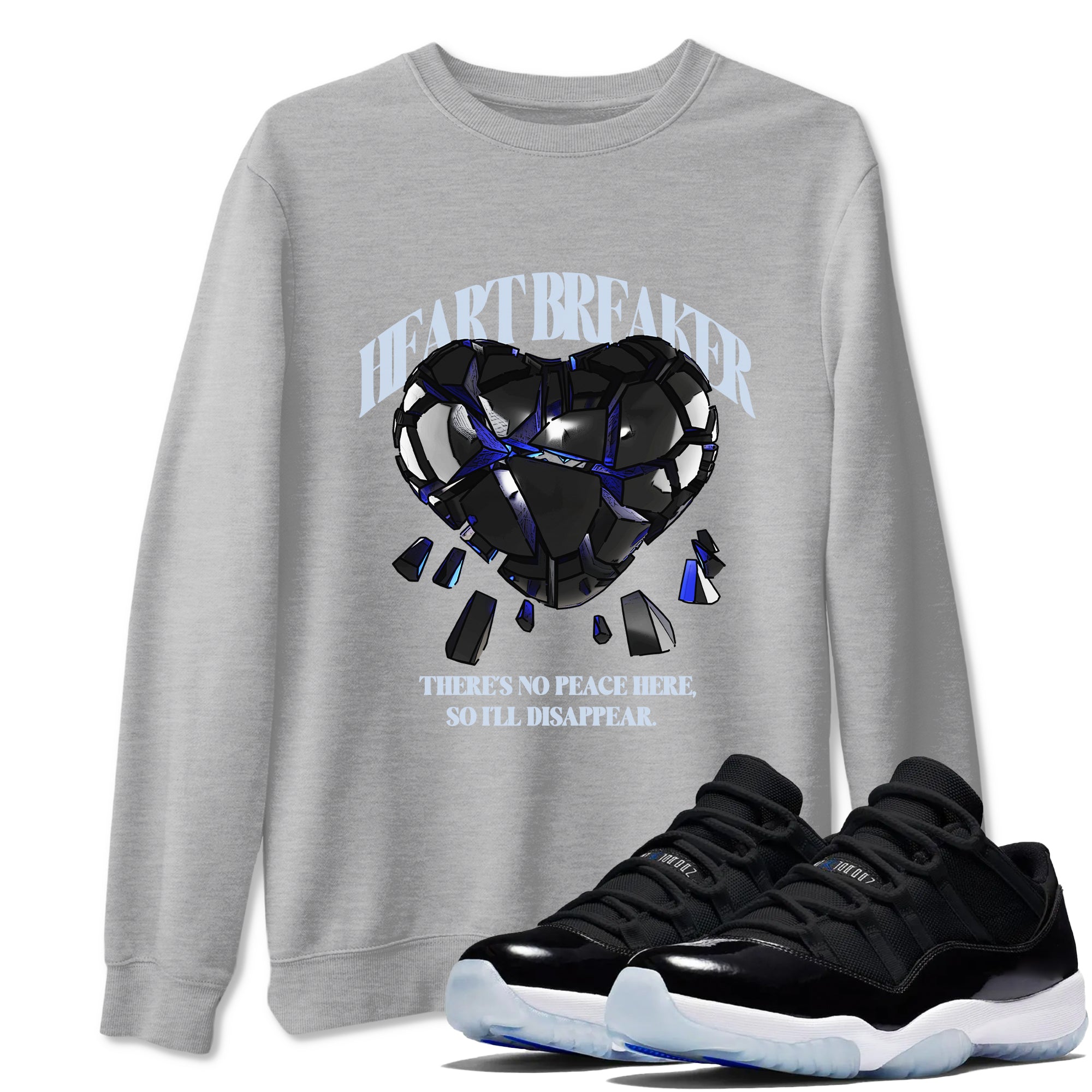 Air Jordan 11 Space shirt to match jordans Heart Breaker sneaker tees AJ11 Black and Varsity Royal SNRT Sneaker Release Tees unisex cotton Heather Grey 1 crew neck shirt