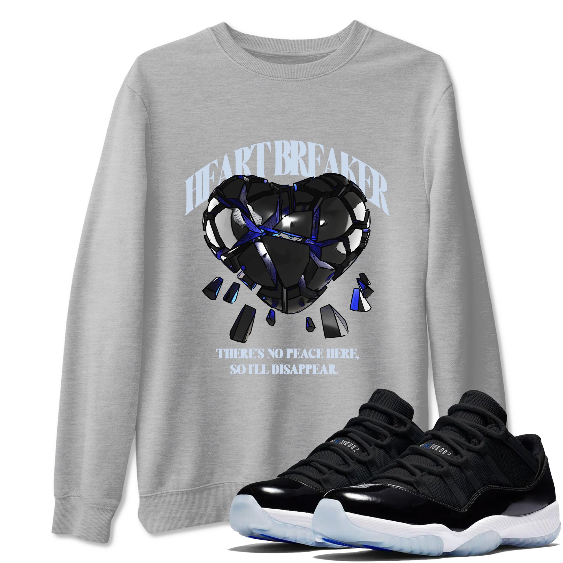 Air Jordan 11 Space shirt to match jordans Heart Breaker sneaker tees AJ11 Black and Varsity Royal SNRT Sneaker Release Tees unisex cotton Heather Grey 1 crew neck shirt