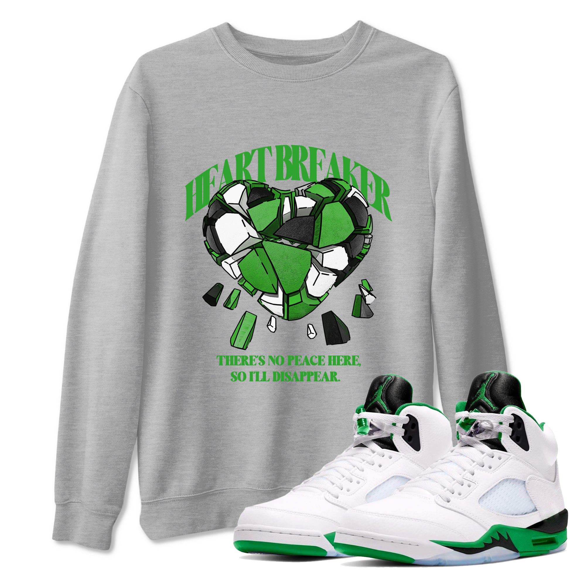 Air Jordan 5 Lucky Green shirt to match jordans Heart Breaker sneaker tees AJ5 Lucky Green SNRT Sneaker Release Tees unisex cotton Heather Grey 1 crew neck shirt