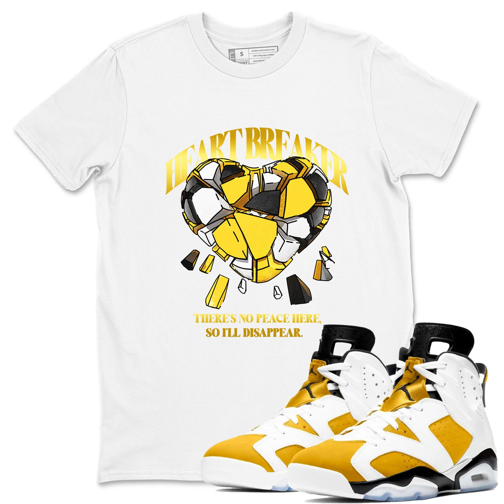 Air Jordan 6 Yellow Ochre shirt to match jordans Heart Breaker sneaker tees AJ6 Yellow Ochre SNRT Sneaker Release Tees unisex cotton White 1 crew neck shirt