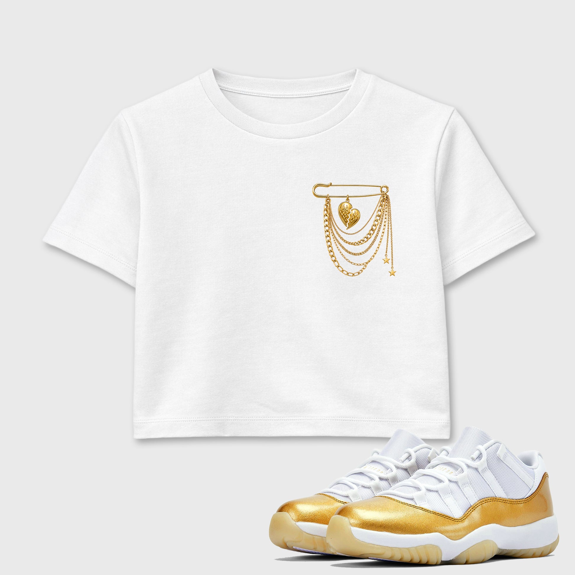 Sneaker match tees – Sneaker Tees To Match Air Jordan 11 Mother's Day Shoes – heart Brooch Crop T-Shirt White 1