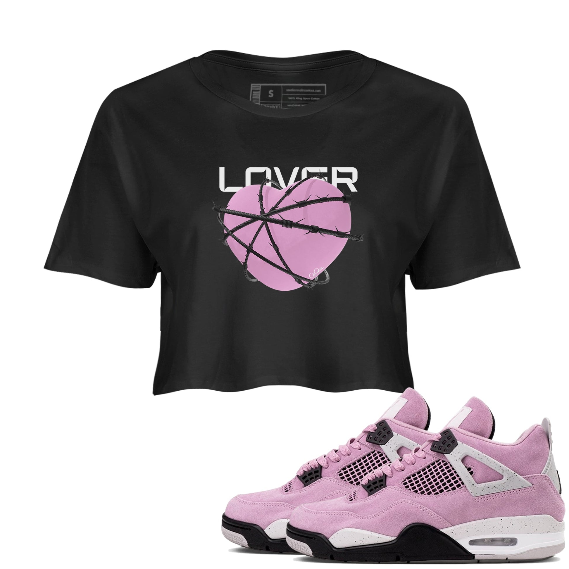 4s Retro Orchid shirts to match jordans Heart Lover sneaker match tees Air Jordan 4 WMNS Orchid match shoes to clothes SNRT Sneaker Tees unisex cotton Black 1 crop tee