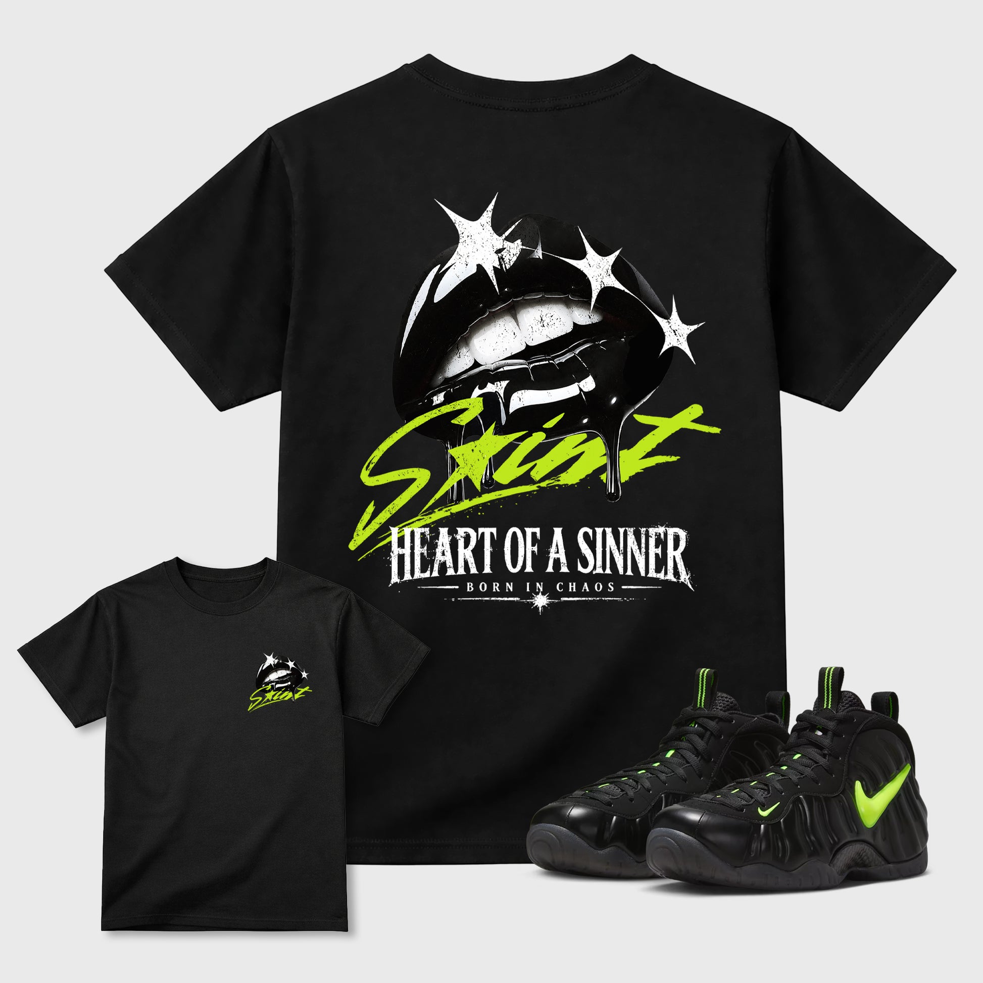 Heart of Sinner front and back graphic tee styled to complete your fit with the Air Foamposite Pro Black sneakers, shown in Black.