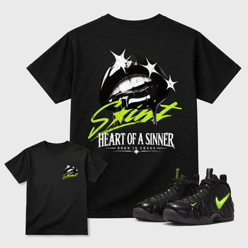 Heart of Sinner front and back graphic tee styled to complete your fit with the Air Foamposite Pro Black sneakers, shown in Black.