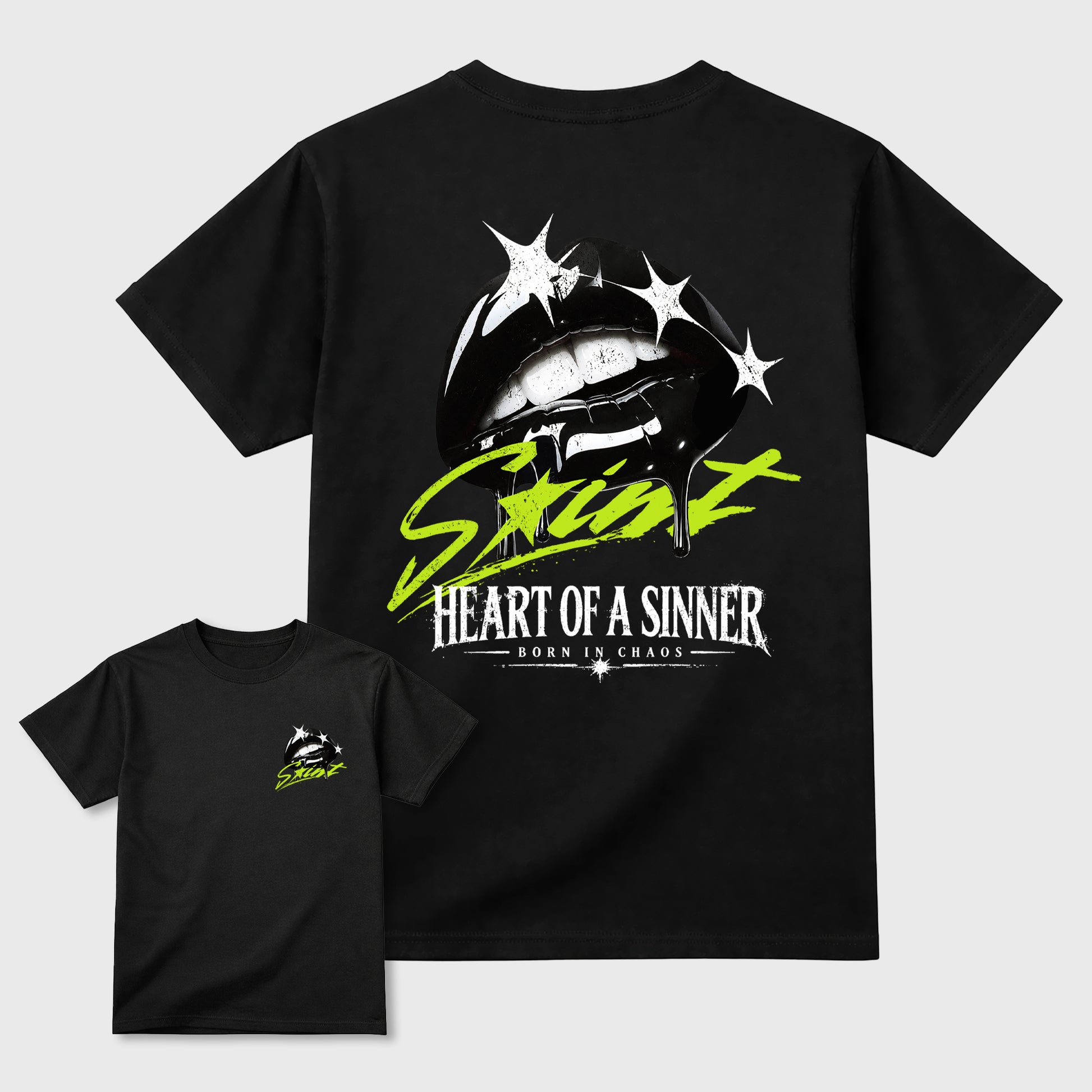 Heart of Sinner front and back graphic tee styled to complete your fit with the Foams Pro Black Volt, shown in Black.