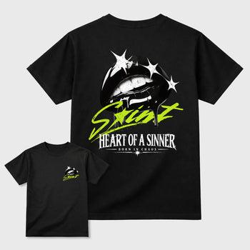Heart of Sinner front and back graphic tee styled to complete your fit with the Foams Pro Black Volt, shown in Black.