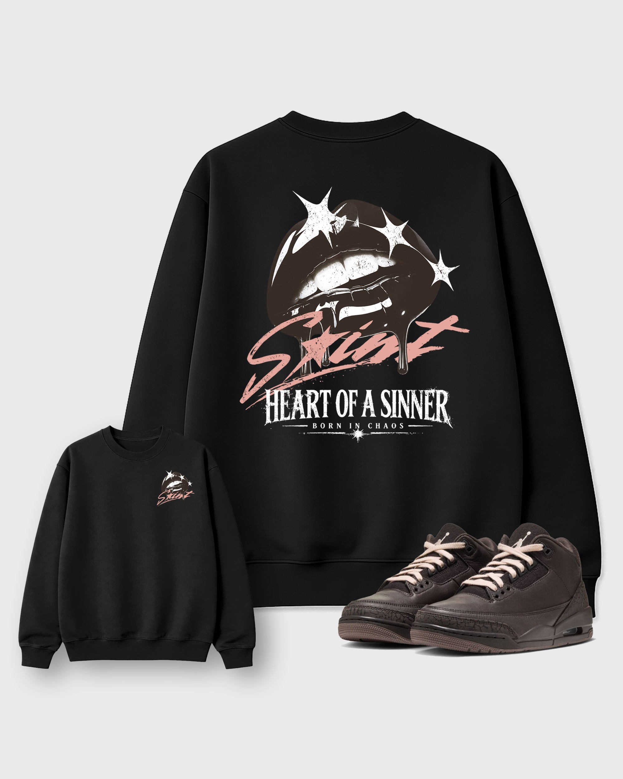 Heart of Sinner Black Graphic Sweatshirt - 1, a sneaker matching sweatshirt designed to coordinate with Air Jordan 3 Fireside sneakers for a complete sneaker outfit.