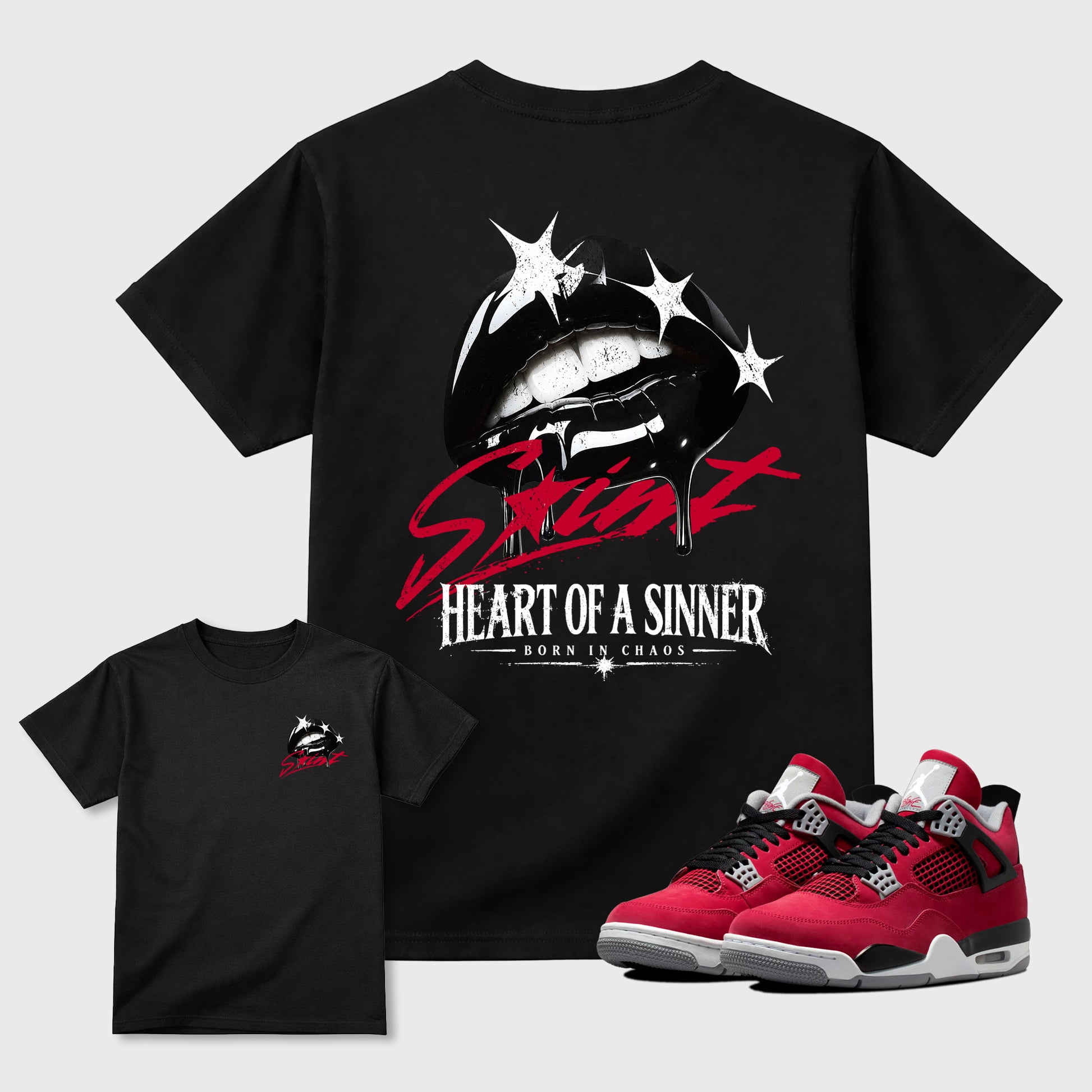 Heart of Sinner front and back graphic tee styled to complete your fit with the Air Jordan 4 Toro Bravo sneakers, shown in Black.