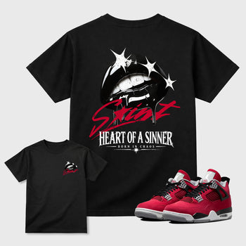 Heart of Sinner front and back graphic tee styled to complete your fit with the Air Jordan 4 Toro Bravo sneakers, shown in Black.