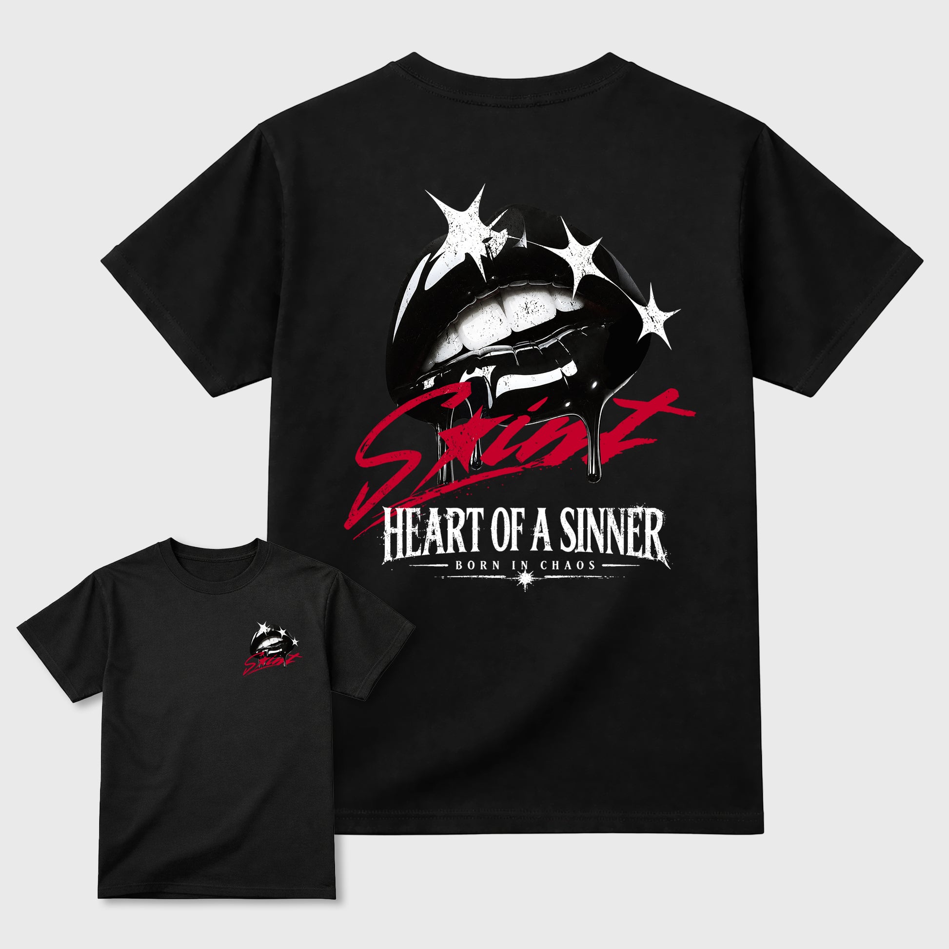 Heart of Sinner front and back graphic tee styled to complete your fit with the 4s Retro Toro Bravo, shown in Black.