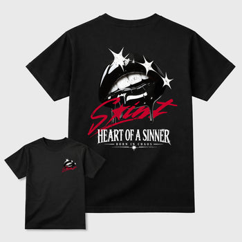 Heart of Sinner front and back graphic tee styled to complete your fit with the 4s Retro Toro Bravo, shown in Black.