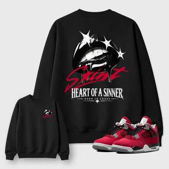 Heart of Sinner front and back graphic tee styled to complete your fit with the 4s Retro Toro Bravo, shown in Black.
