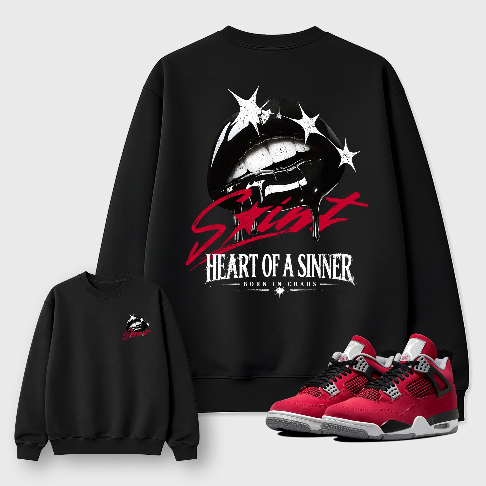 Heart of Sinner front and back graphic tee styled to complete your fit with the 4s Retro Toro Bravo, shown in Black.