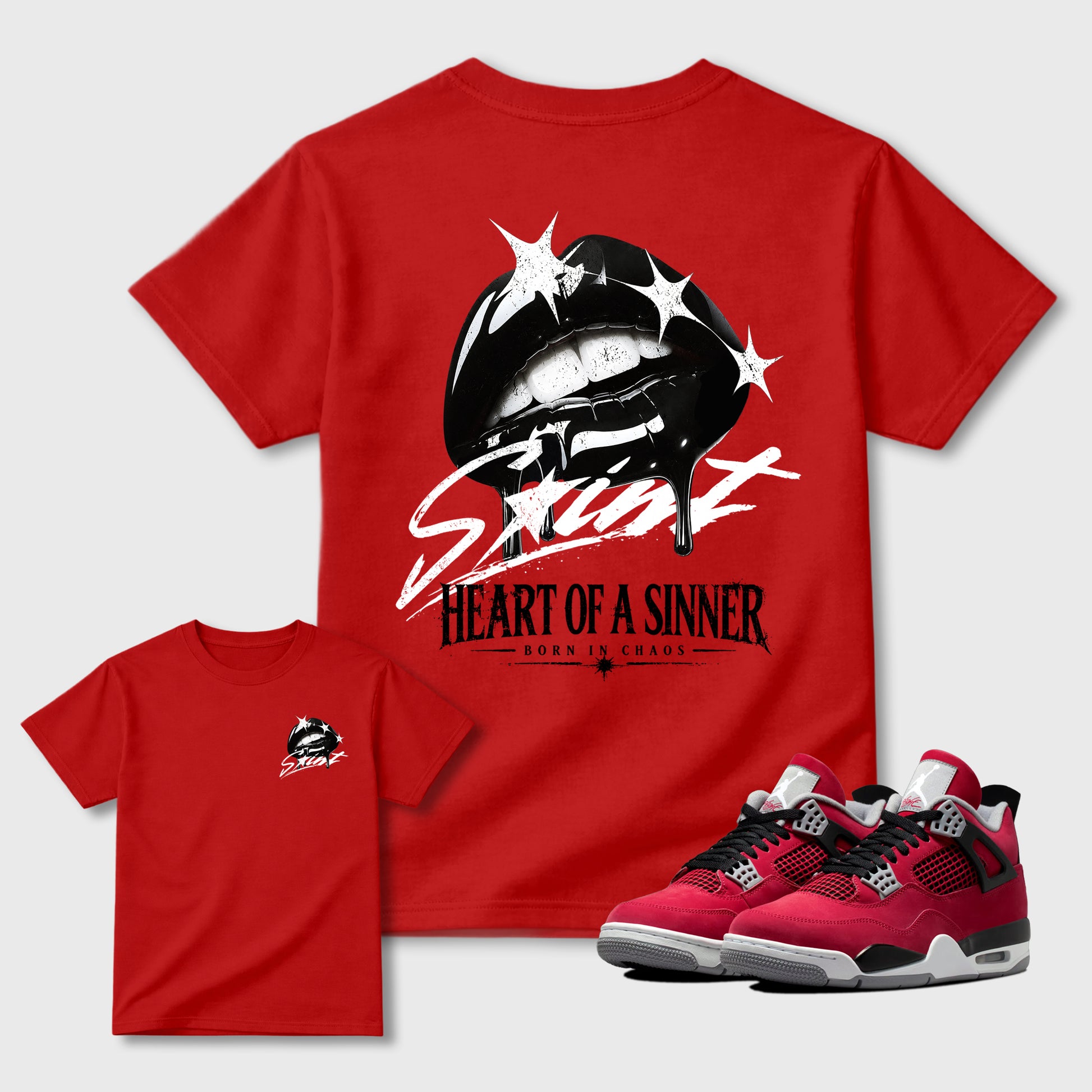 Heart of Sinner front and back graphic tee styled to complete your fit with the 4s Retro Toro Bravo, shown in Red.