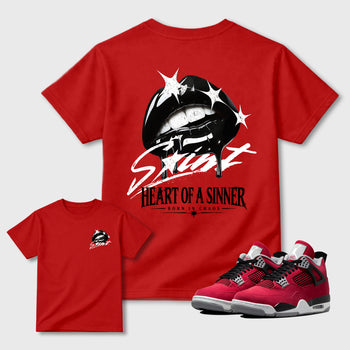Heart of Sinner front and back graphic tee styled to complete your fit with the 4s Retro Toro Bravo, shown in Red.