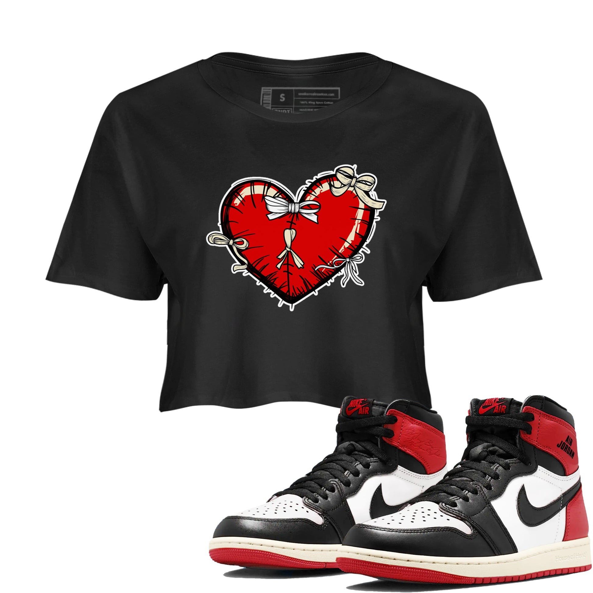 1s Black Toe Reimagined shirts to match jordans Heart with Ribbons sneaker match tees AJ1 High OG Black Toe Reimagined match shoes to clothes SNRT Sneaker Tees unisex cotton Black 1 crop tee