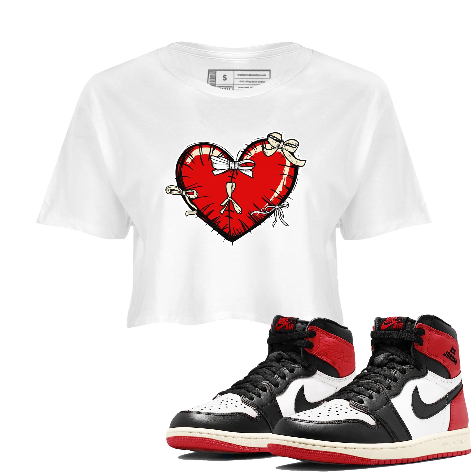 1s Black Toe Reimagined shirts to match jordans Heart with Ribbons sneaker match tees AJ1 High OG Black Toe Reimagined match shoes to clothes SNRT Sneaker Tees unisex cotton White 1 crop tee