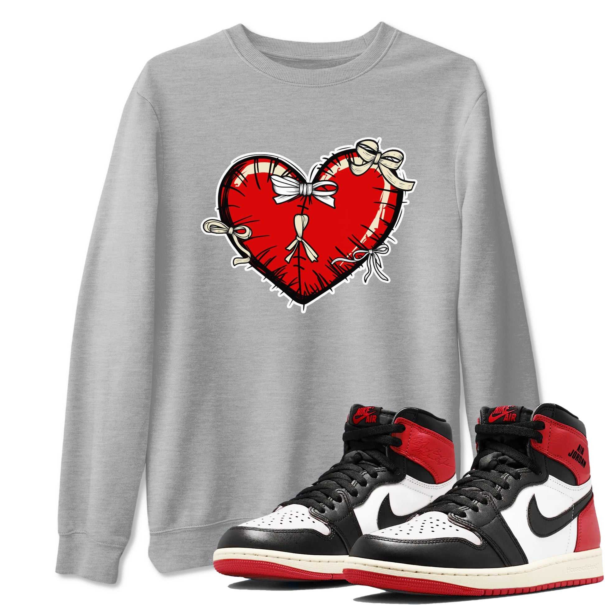 1s Black Toe Reimagined shirts to match jordans Heart with Ribbons sneaker match tees AJ1 High OG Black Toe Reimagined match shoes to clothes SNRT Sneaker Tees unisex cotton Heather Grey 1 shirts