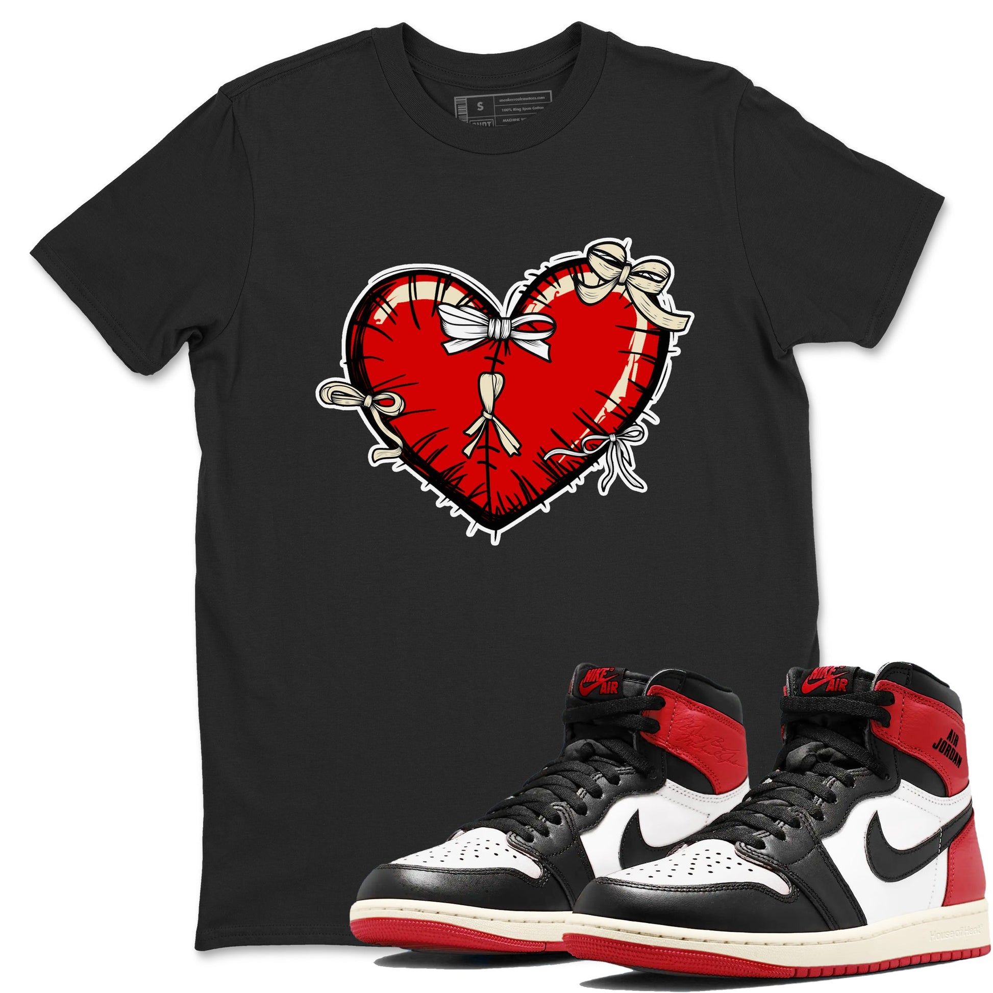 1s Black Toe Reimagined shirts to match jordans Heart with Ribbons sneaker match tees AJ1 High OG Black Toe Reimagined match shoes to clothes SNRT Sneaker Tees unisex cotton Black 1 shirts