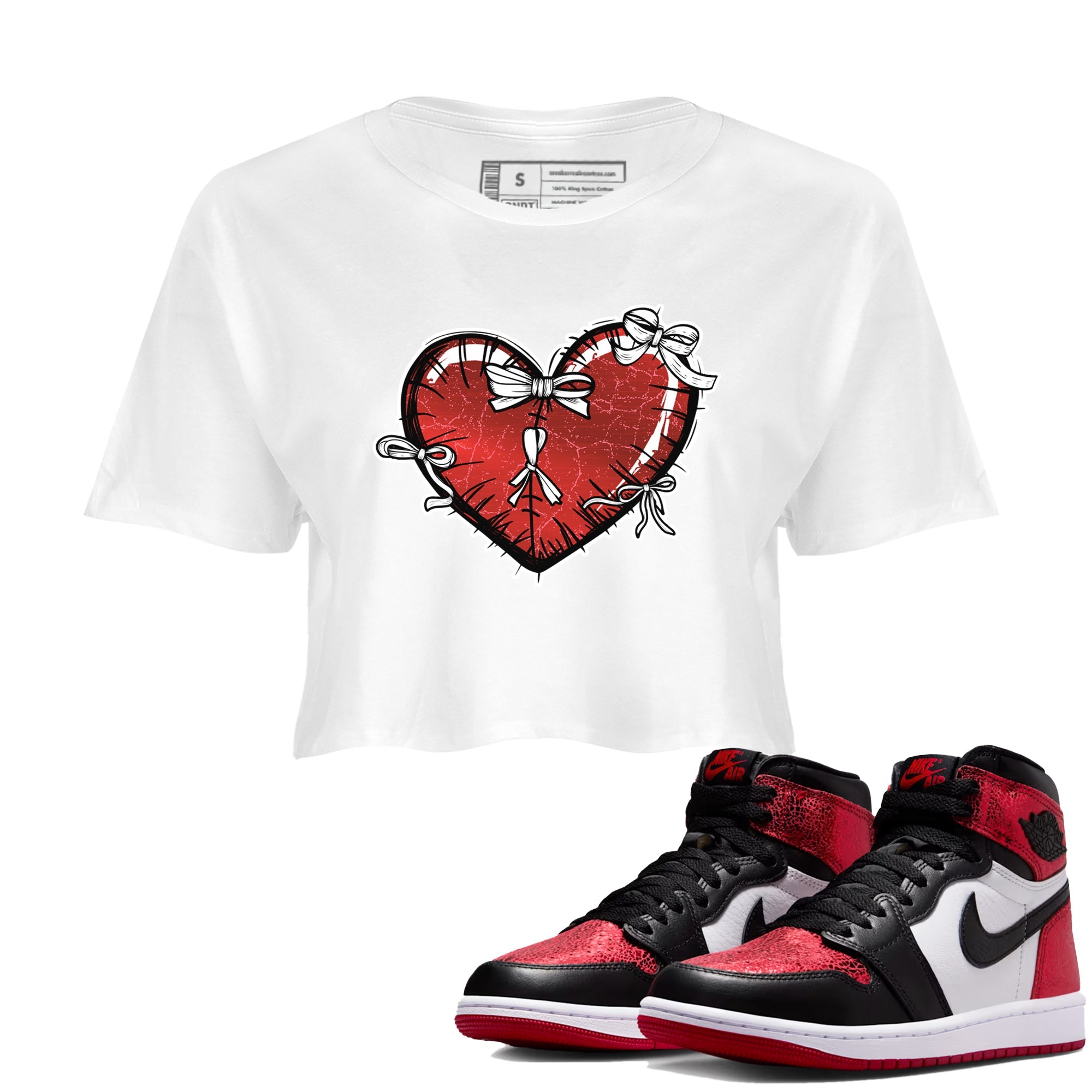Heart With Ribbons womens crop tee made to vibe with the Air Jordan 1 Ruby sneakers — the perfect match in White 1.