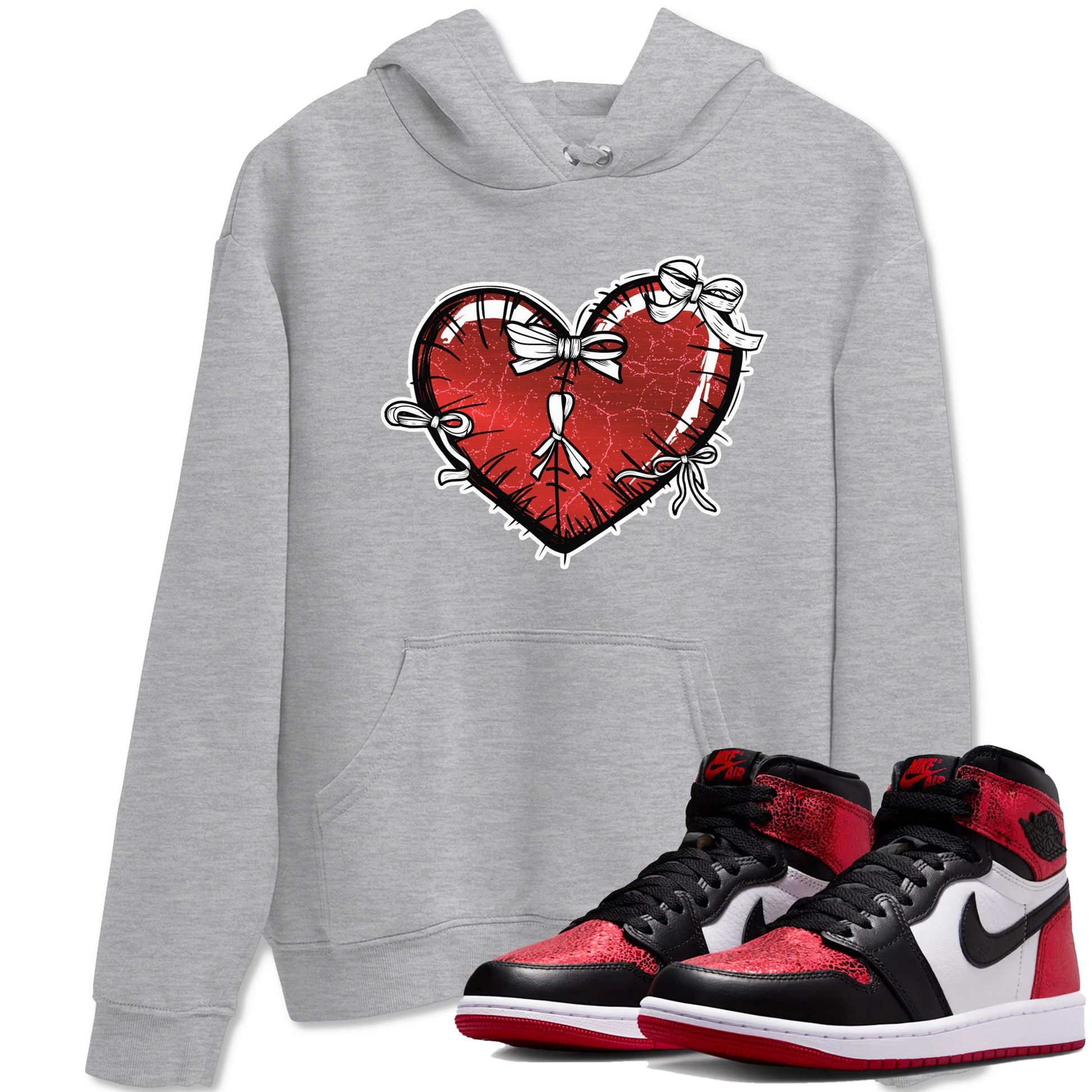 Heart With Ribbons sneaker match t-shirt styled to complete your fit with the Air Jordan 1 Ruby sneakers, shown in Heather Grey 1.