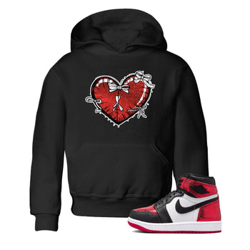 Heart With Ribbons baby and kids t-shirt crafted for little sneakerheads to shine with the Air Jordan 1 Ruby sneakers, displayed in Black 1.