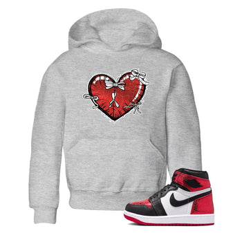 Heart With Ribbons baby and kids t-shirt crafted for little sneakerheads to shine with the Air Jordan 1 Ruby sneakers, displayed in Heather Grey 1.