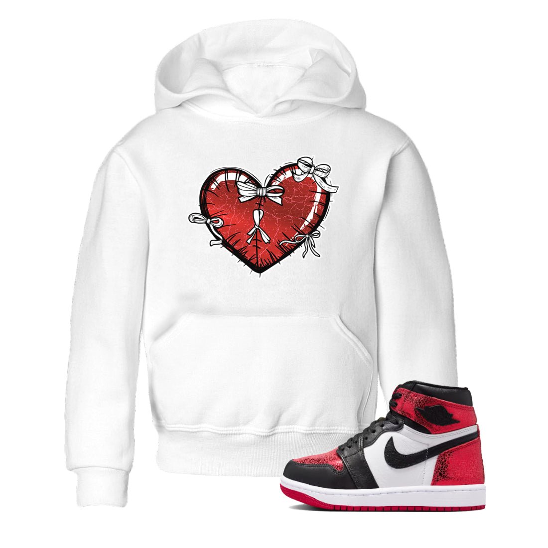Heart With Ribbons baby and kids t-shirt crafted for little sneakerheads to shine with the Air Jordan 1 Ruby sneakers, displayed in White 1.