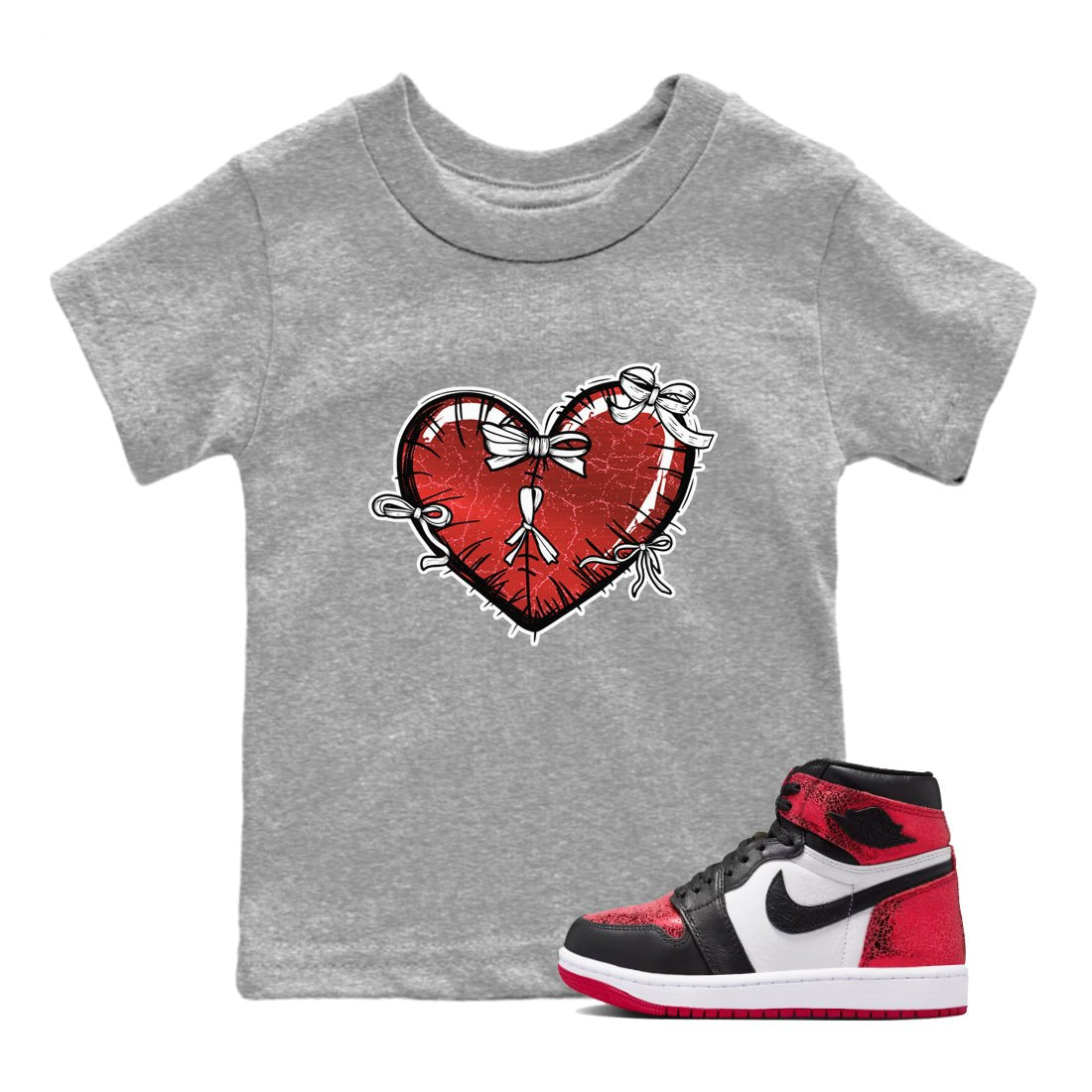 Heart With Ribbons baby and kids t-shirt crafted for little sneakerheads to shine with the Air Jordan 1 Ruby sneakers, displayed in Heather Grey 1.