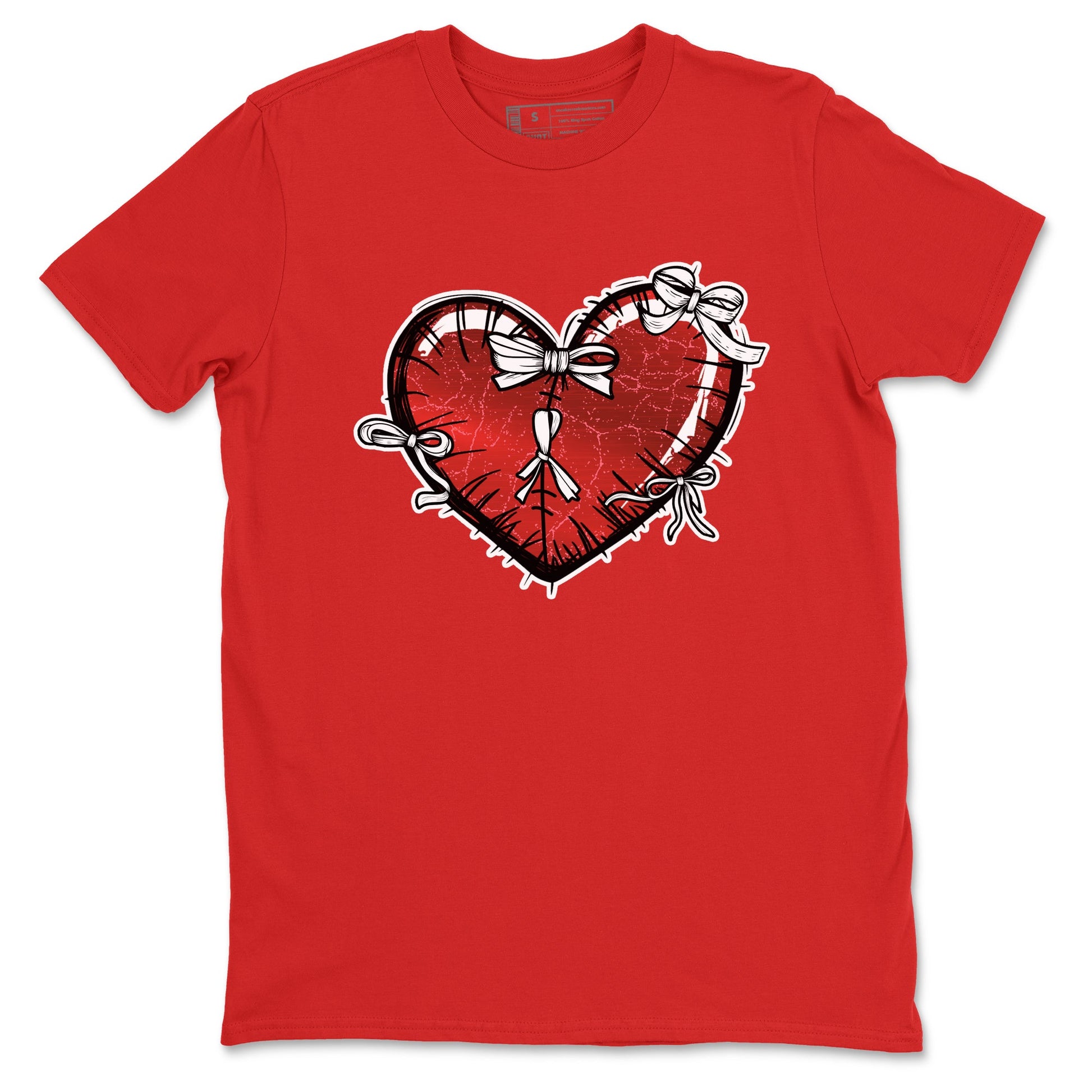 Heart With Ribbons sneaker match t-shirt styled to complete your fit with the Air Jordan 1 Ruby sneakers, shown in Red 2.