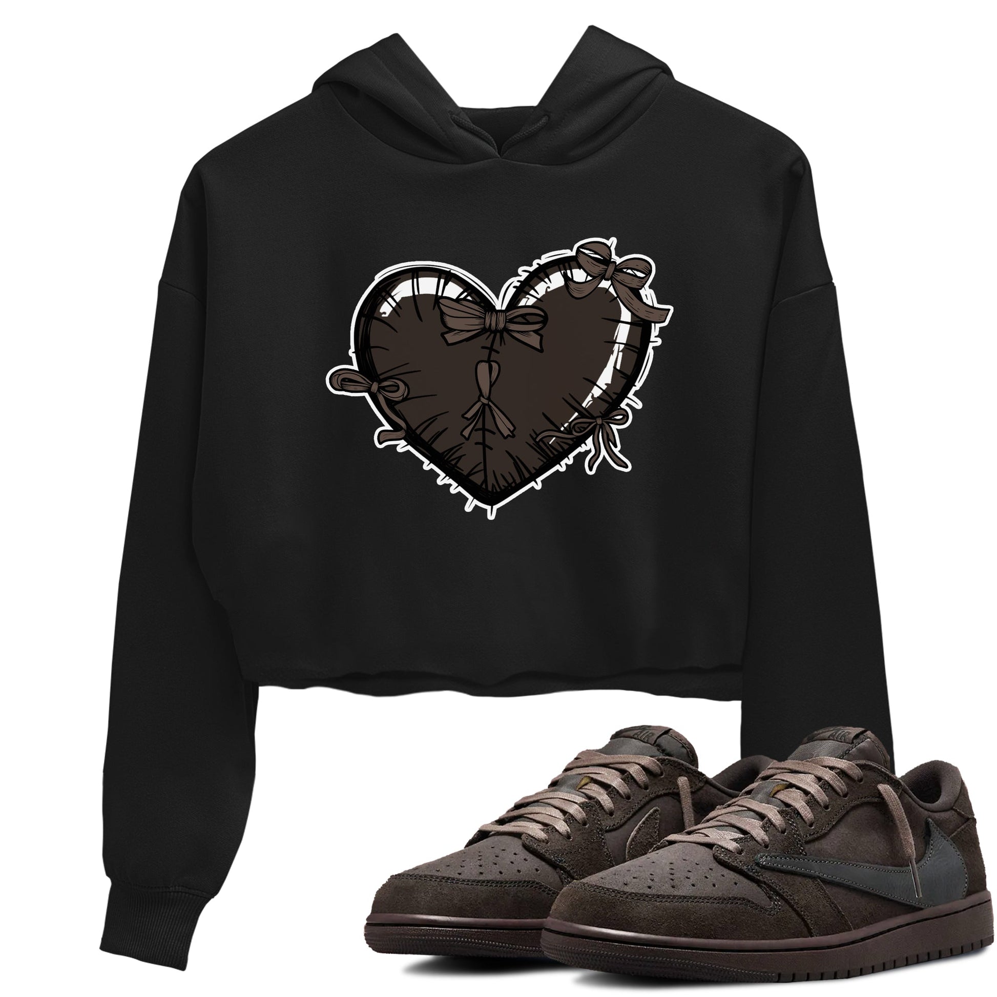 AJ1 Travis Scott Velvet Brown and Dark Mocha shirts to match jordans Heart with Ribbons sneaker match tees 1s Travis Scott Velvet Brown match shoes to clothes SNRT Sneaker Tees unisex cotton Black 1 crop tee