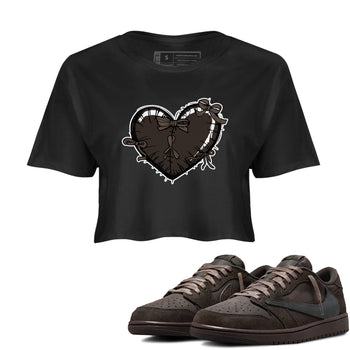 AJ1 Travis Scott Velvet Brown and Dark Mocha shirts to match jordans Heart with Ribbons sneaker match tees 1s Travis Scott Velvet Brown match shoes to clothes SNRT Sneaker Tees unisex cotton Black 1 crop tee