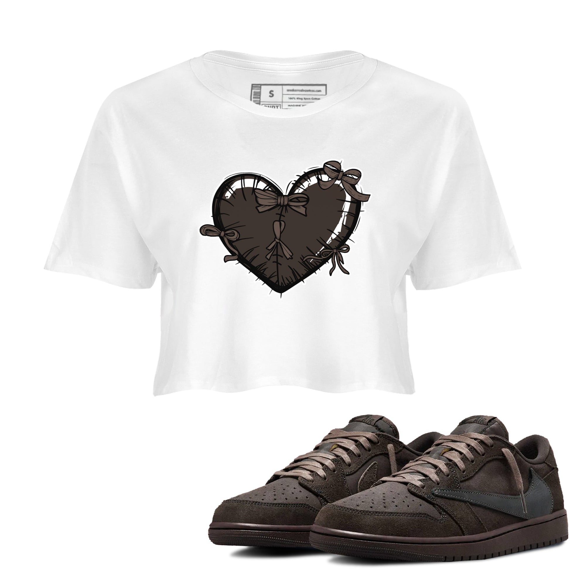 AJ1 Travis Scott Velvet Brown and Dark Mocha shirts to match jordans Heart with Ribbons sneaker match tees 1s Travis Scott Velvet Brown match shoes to clothes SNRT Sneaker Tees unisex cotton White 1 crop tee