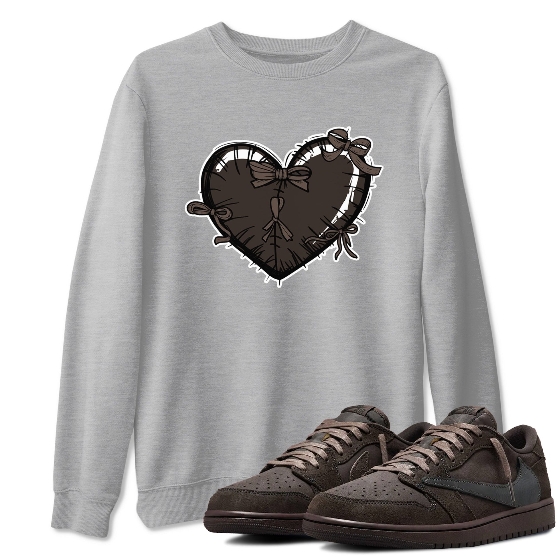 AJ1 Travis Scott Velvet Brown and Dark Mocha shirts to match jordans Heart with Ribbons sneaker match tees 1s Travis Scott Velvet Brown match shoes to clothes SNRT Sneaker Tees unisex cotton Heather Grey 1 shirts