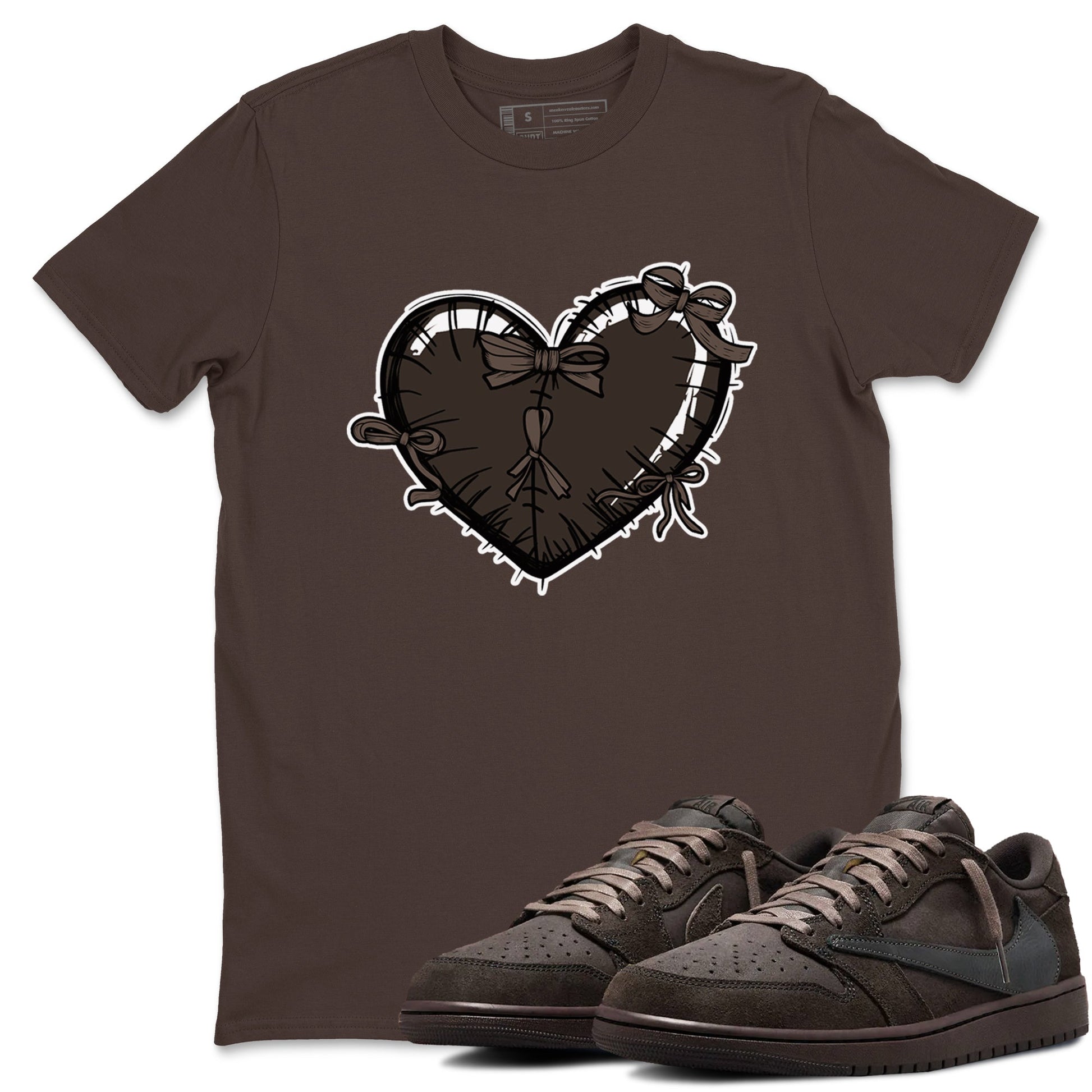 AJ1 Travis Scott Velvet Brown and Dark Mocha shirts to match jordans Heart with Ribbons sneaker match tees 1s Travis Scott Velvet Brown match shoes to clothes SNRT Sneaker Tees unisex cotton Dark Chocolate 1 shirts