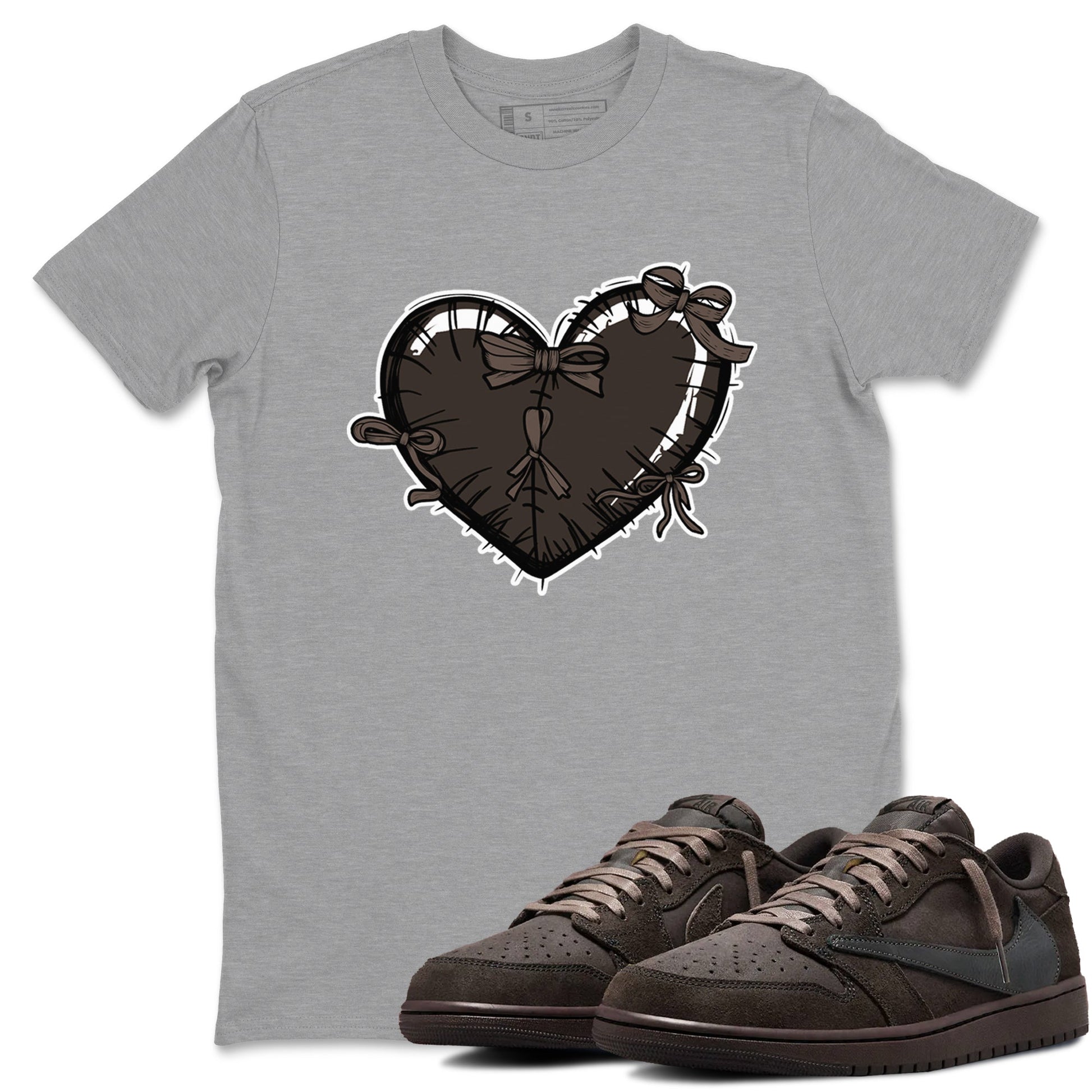 AJ1 Travis Scott Velvet Brown and Dark Mocha shirts to match jordans Heart with Ribbons sneaker match tees 1s Travis Scott Velvet Brown match shoes to clothes SNRT Sneaker Tees unisex cotton Heather Grey 1 shirts