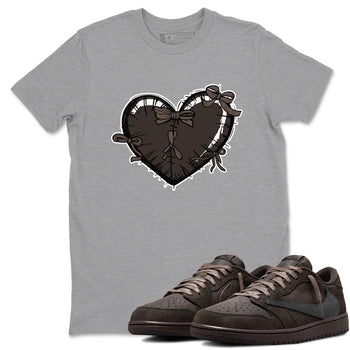 AJ1 Travis Scott Velvet Brown and Dark Mocha shirts to match jordans Heart with Ribbons sneaker match tees 1s Travis Scott Velvet Brown match shoes to clothes SNRT Sneaker Tees unisex cotton Heather Grey 1 shirts