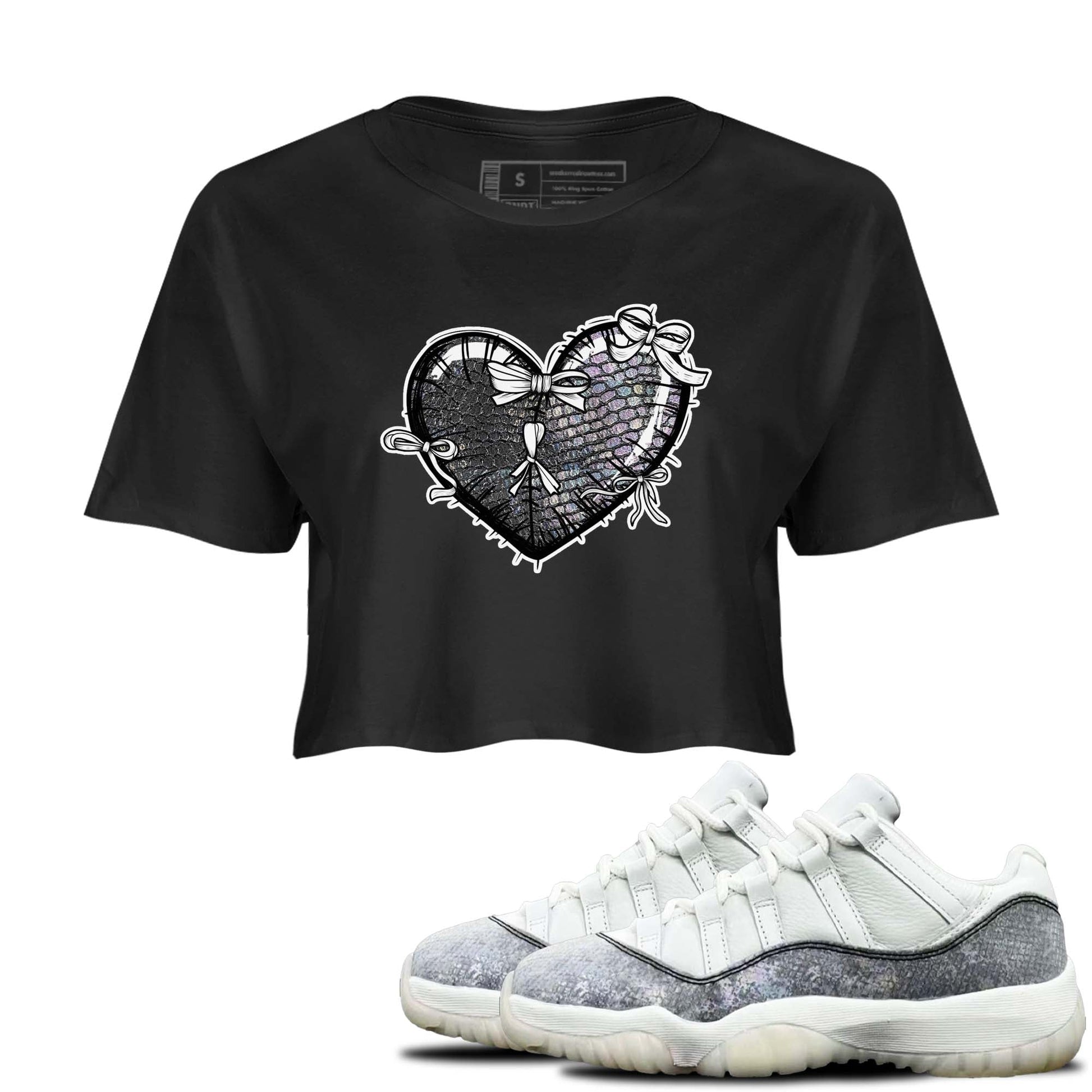 11s Year Of The Snake shirts to match jordans  Heart With Ribbons shirts to match jordans Air Jordan 11 Retro Low Year Of The Snake match shoes to clothes SNRT Sneaker Tees unisex cotton Black 1 crop tee