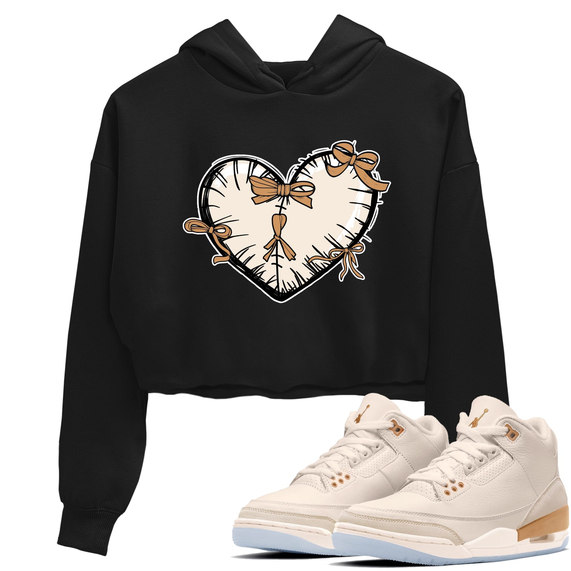 Sneaker match tees – Sneaker Tees To Match Air Jordan 3 Champagne and Oysters Shoes – Heart With Ribbons Crop T-Shirt Black 1