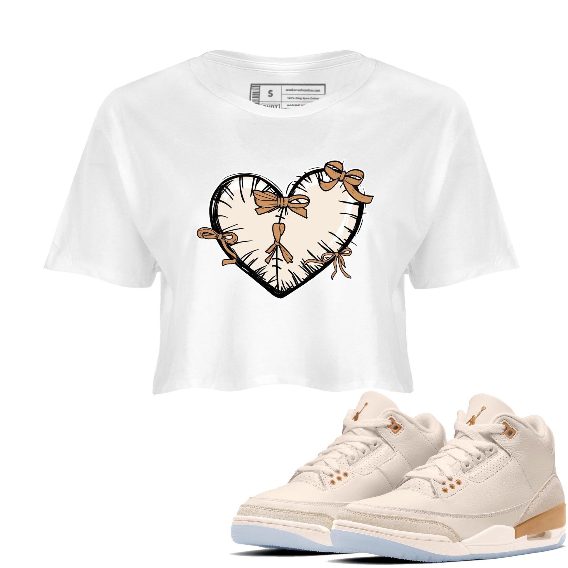 Sneaker match tees – Sneaker Tees To Match Air Jordan 3 Champagne and Oysters Shoes – Heart With Ribbons Crop T-Shirt White 1