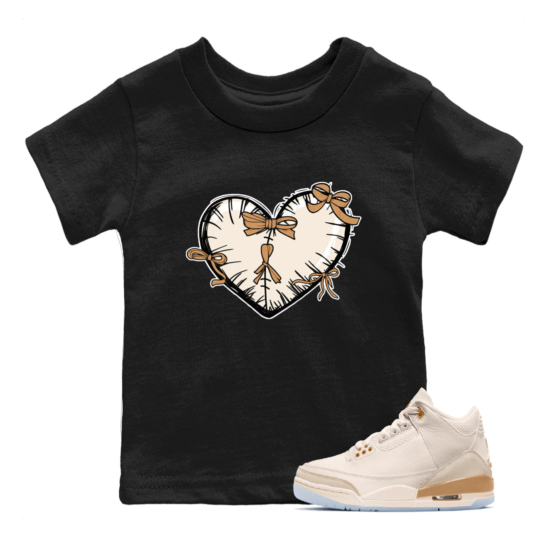 Sneaker match tees – Sneaker Tees To Match Air Jordan 3 Champagne and Oysters Shoes – Heart With Ribbons Kids T-Shirt Black 1