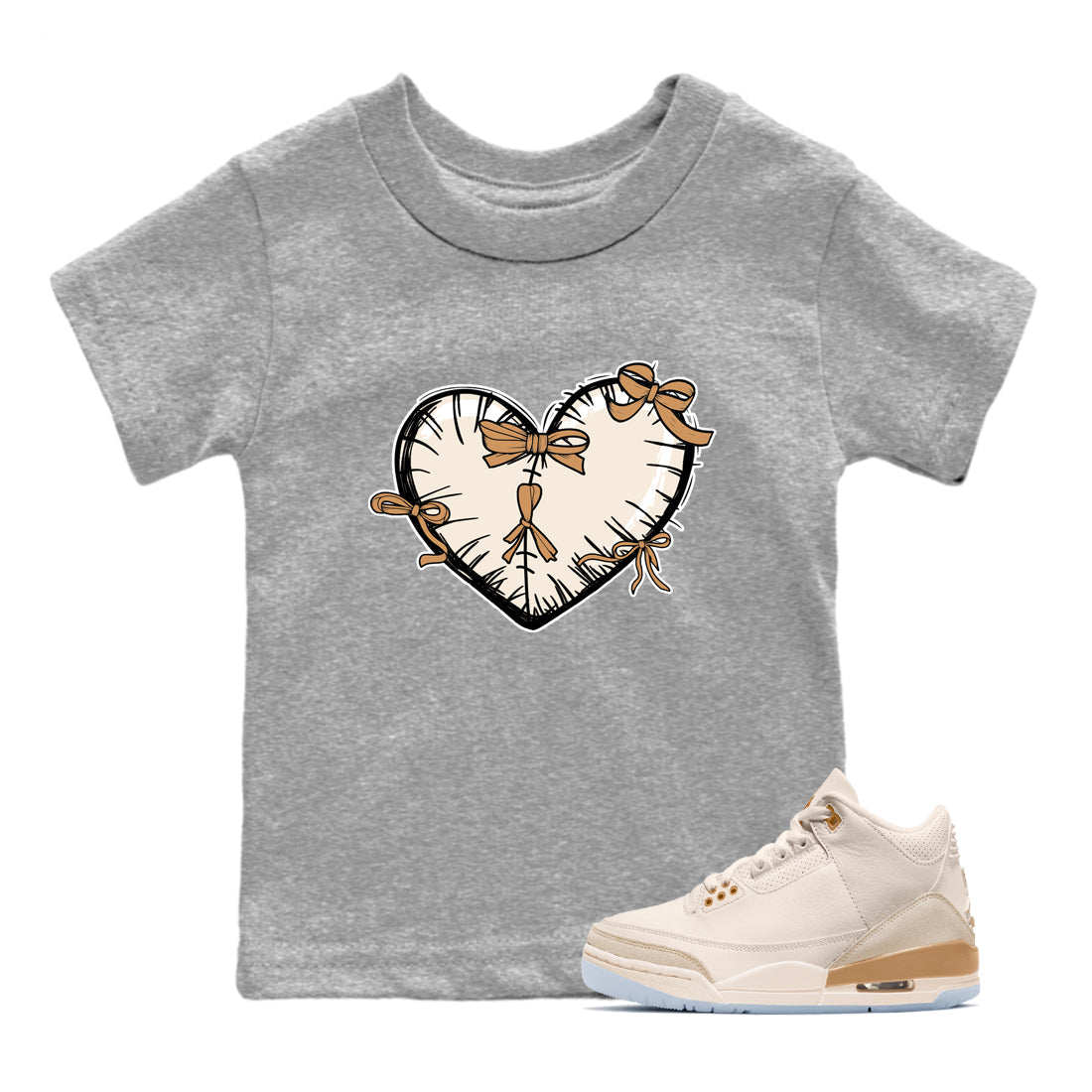 Sneaker match tees – Sneaker Tees To Match Air Jordan 3 Champagne and Oysters Shoes – Heart With Ribbons Kids T-Shirt Heather Grey 1