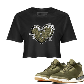 Sneaker Threads – Sneaker Tees To Match Air Jordan 3 Medium Olive – Heart With Ribbons Crop Tee Black 1. Perfect for Jordan releases 2025 colorways.