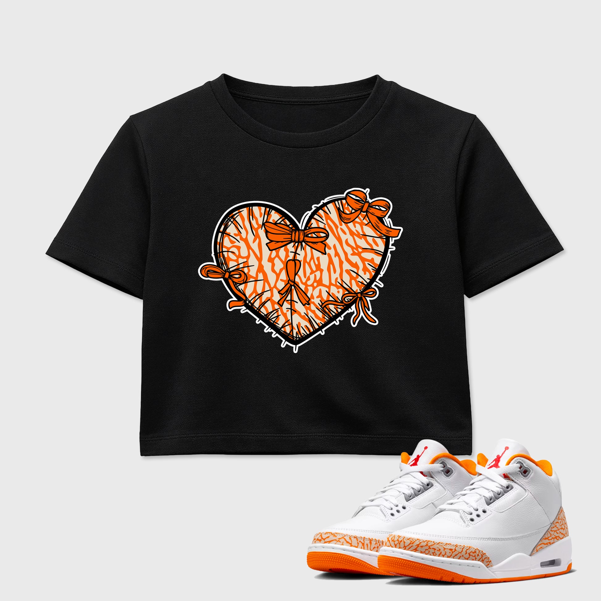 Sneaker match tees – Sneaker Tees To Match Air Jordan 3 Orange Citrus Shoes – Heart With Ribbons Crop T-Shirt Black 1