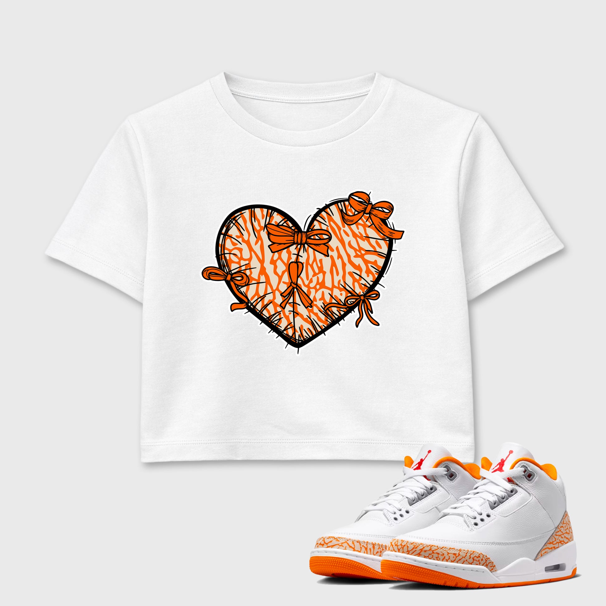 Sneaker match tees – Sneaker Tees To Match Air Jordan 3 Orange Citrus Shoes – Heart With Ribbons Crop T-Shirt White 1